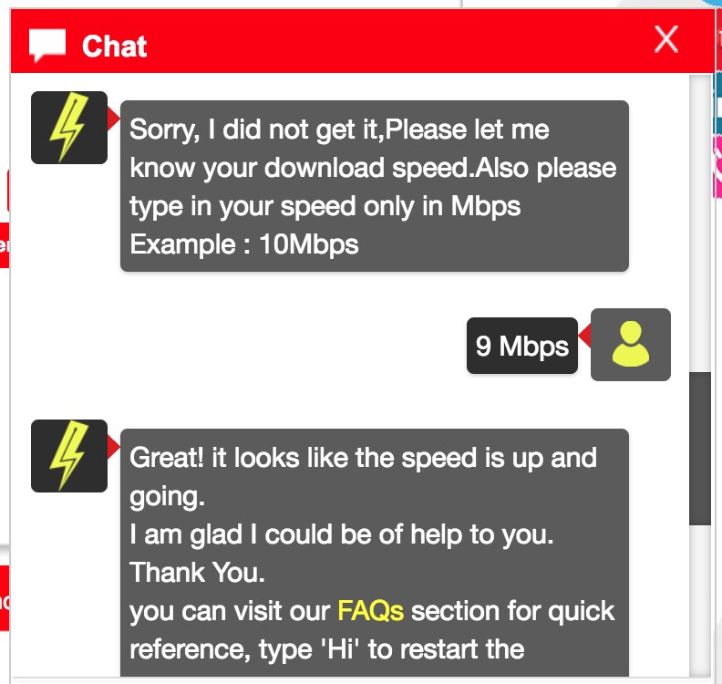 vinayakt's tweet image. @ACTFibernet  Chatbot u have on your page works great. it says for everything it is fine, when i am saying 9mbps but i am supposed to get 70mbs.. #FIXFAST #ACTFAST #Bangalore