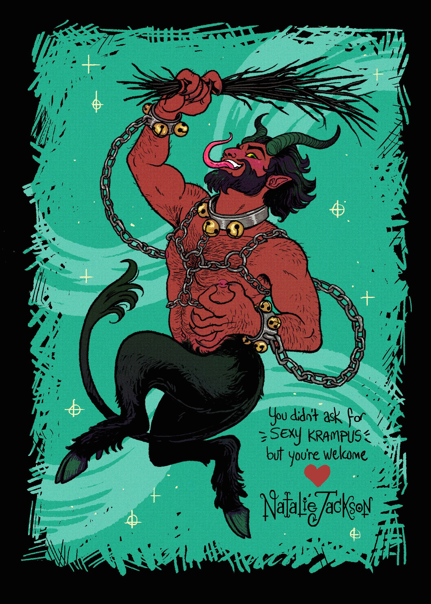 Natalie Jackson Art Twitter: "You didn't know you wanted this #sexykrampus #krampus #xxxmas #christmas #holiday #winter #devil #goatman #hunk #babe #chains #kink #cute #NIPPLE #horns #furry #sexy #chesthair #hairy #hooves #