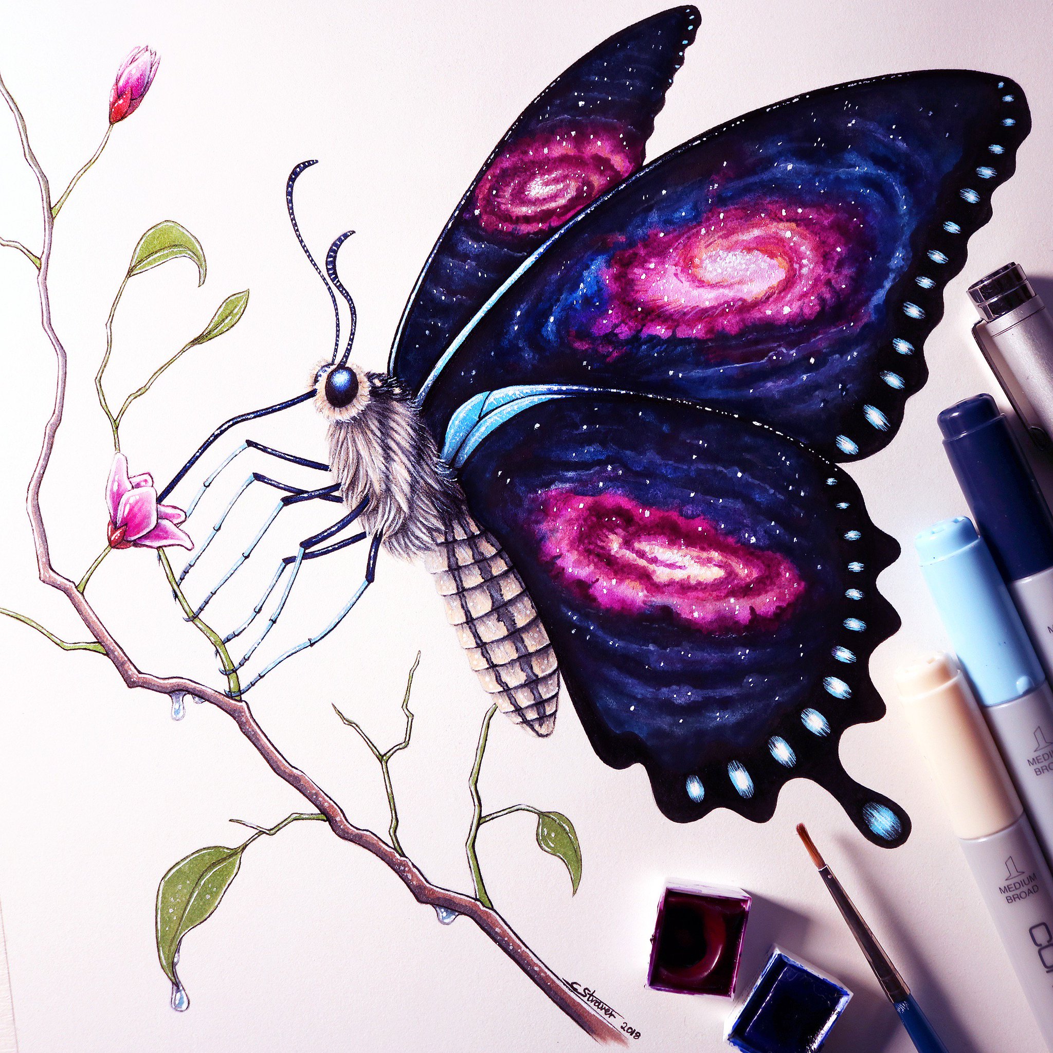 Time lapse video: https://t.co/518eVG8kLS #Drawing #Galaxy #Butterfly” .