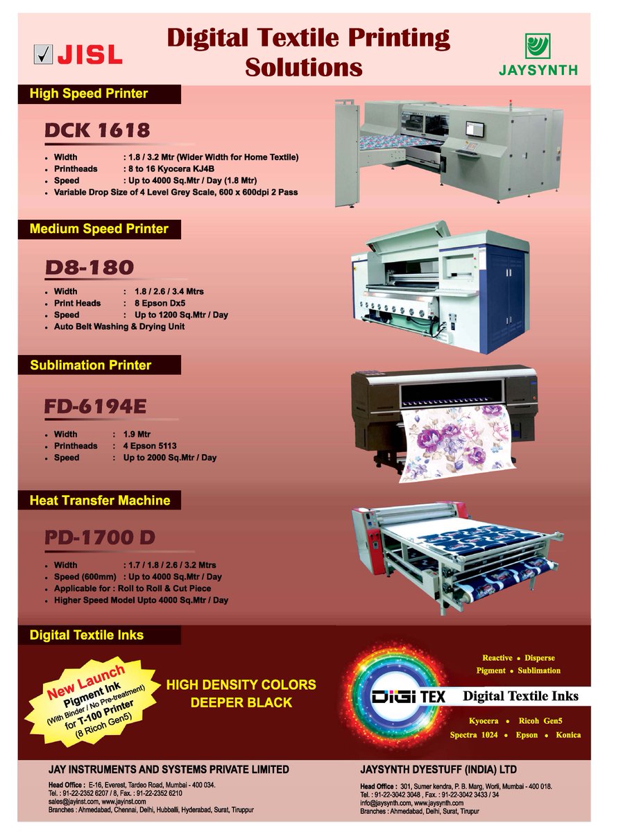 PERFECTSOURCING's tweet image. Digital Textile Printing Solutions
@JaysynthGroup #digitaltextileinks #highspeedprinter #sublimationprinter #heattransfermachine