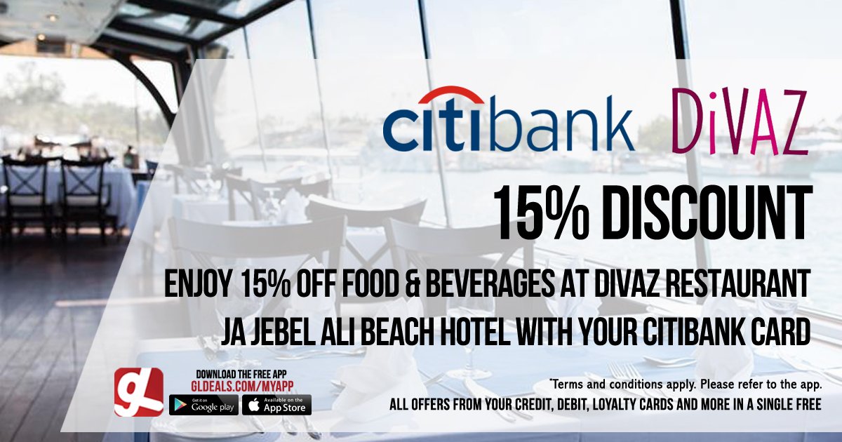 Enjoy 15% off at DiVAZ JA Jebel Ali Beach Hotel using your Citibank Card.

Download GL Deals app now for free. gldeals.com/myapp #instalike #tagsforlikes #mydubai #uae #offers #app #appstore #googleplay #android #ios #deals #discount #citibank #divaz #jajebelalibeachhotel