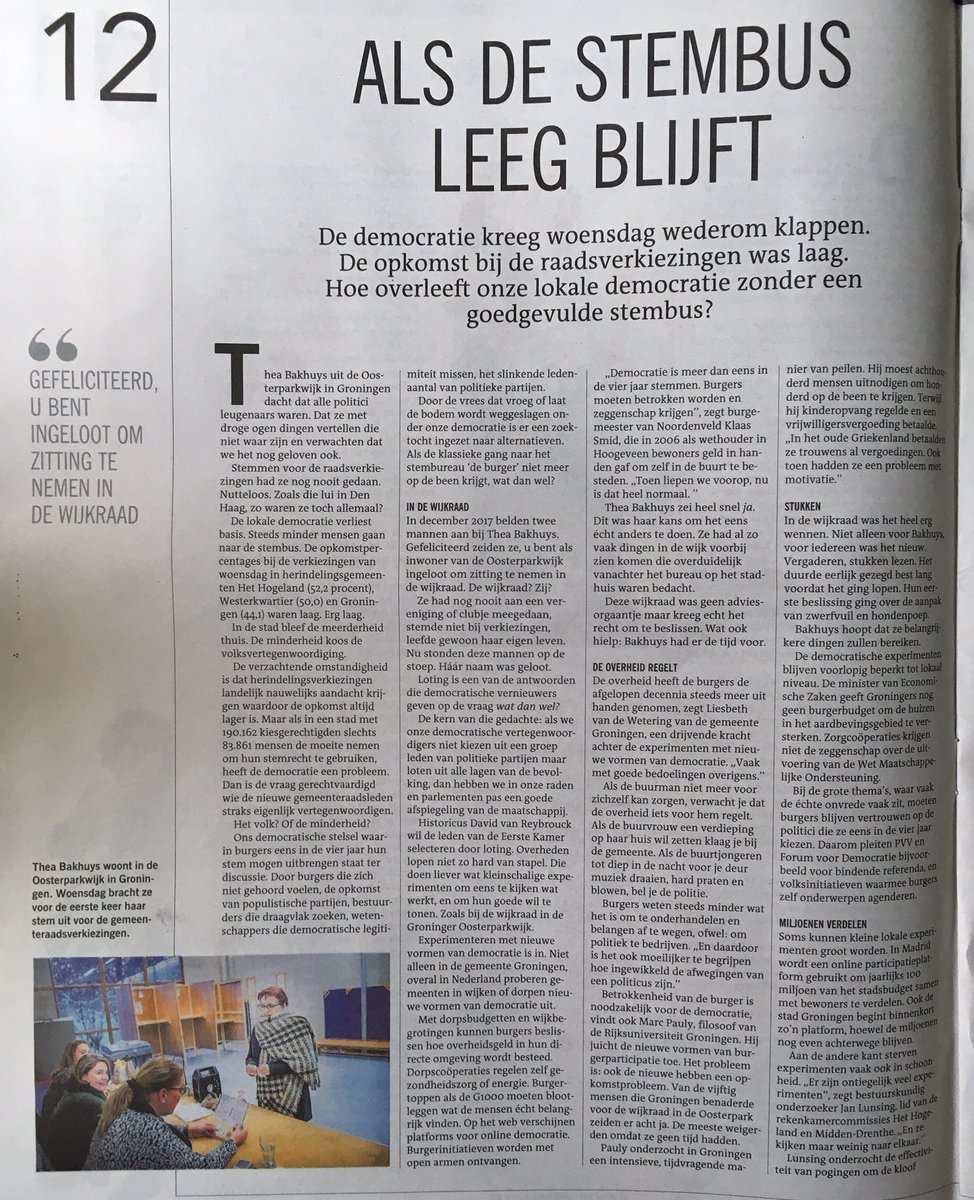 frank_brander's tweet photo. Na #gr2018 #gr050 volgt de analyse in @dvhn_nl: wat als de stembus leeg blijft. Over hoe we als @gem_groningen met democratische experimenten proberen het #vertrouwen terug te brengen. Van de burger in de overheid. En van de overheid in de burger. https://t.co/Podnvd9H7G