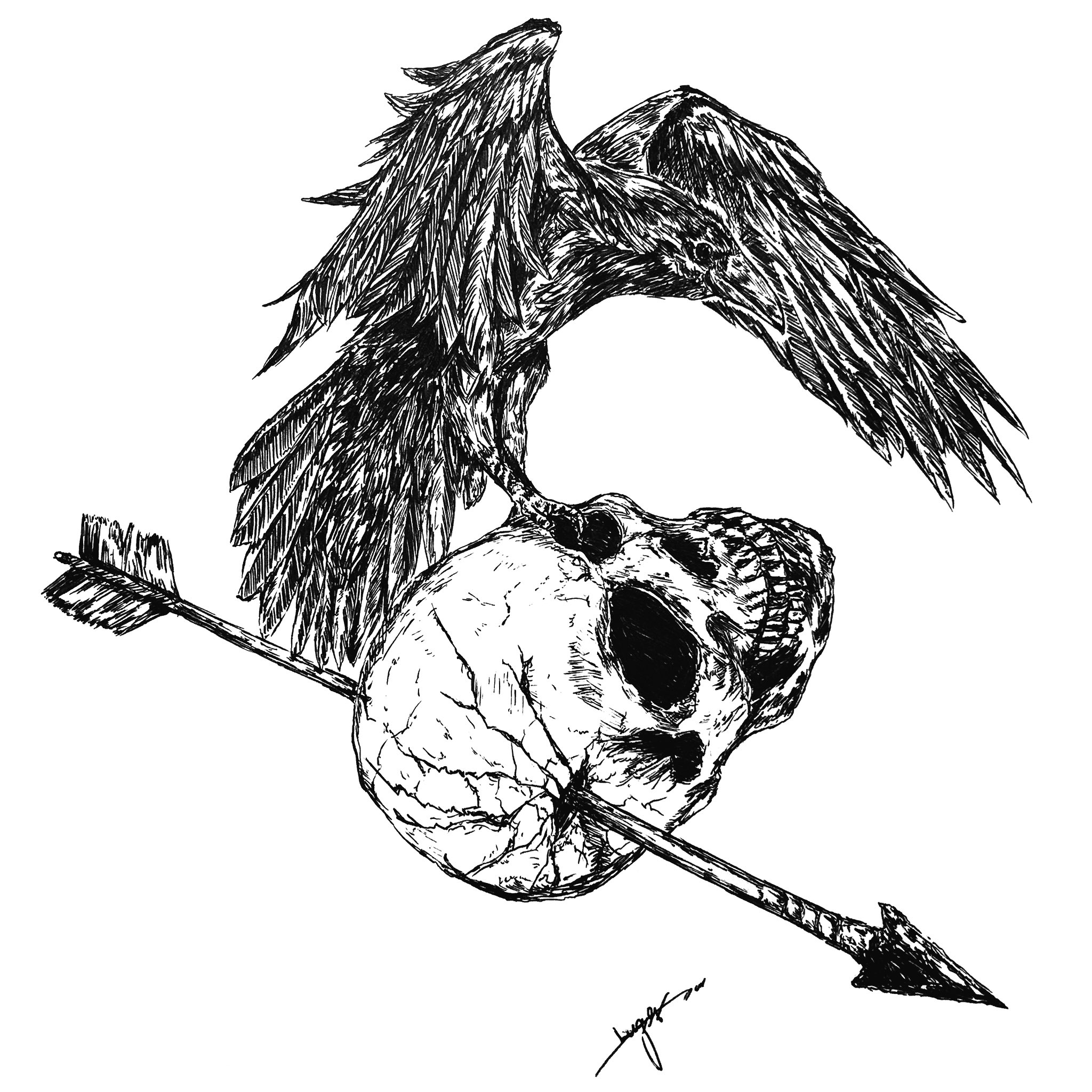 すずらん骸骨ペン画鉛筆画手描きオリジナル