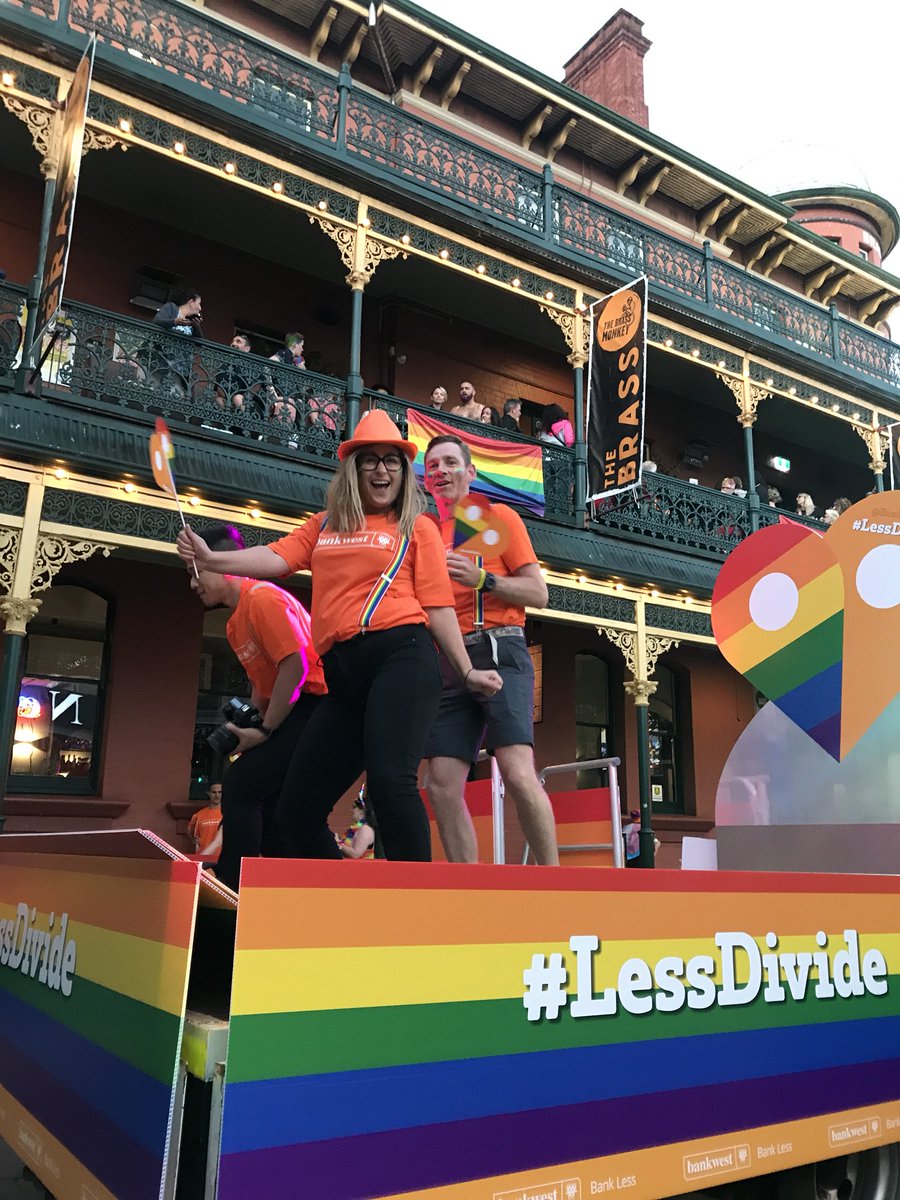 Bankwest's tweet photo. The party before the parade! Get your photo on the #LessDivide float @pridewa. 🌈😍 https://t.co/Fe3ZH2gF4x