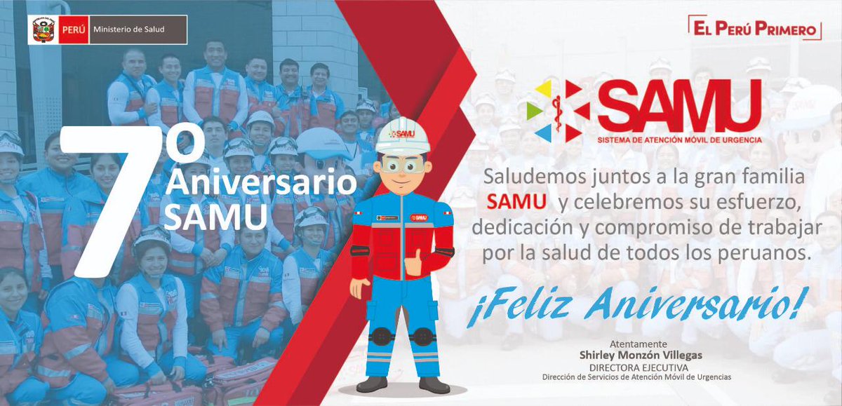 SamuPeruMinsa's tweet photo. 🚨 [ATENCIÓN]👇
Gracias a todos los que integran la gran familia #SamuPerú, hoy se hace reconocimiento en mérito a su constante y comprometida labor, por mejorar la salud en la atención prehospitalaria de todos los peruanos.
¡Feliz Aniversario Samu!

#Samu106
#SamuSalvamos https://t.co/6mlu8XC50i