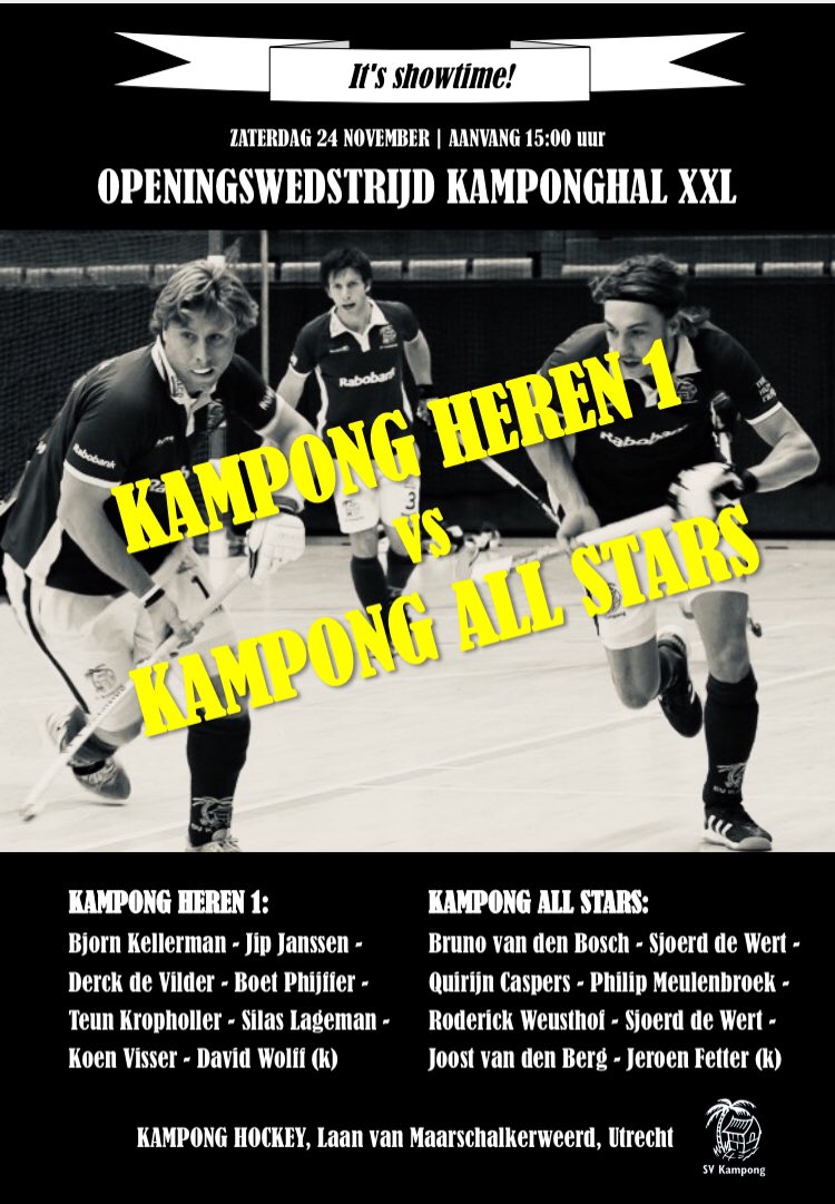 Vanmiddag om 15:00 in de Kamponghal: de openingswedstrijd met het zaalteam van <a href="/KampongHeren1/">Kampong Heren 1</a> versus de All Stars. Be there! #zaalhockey #indoor