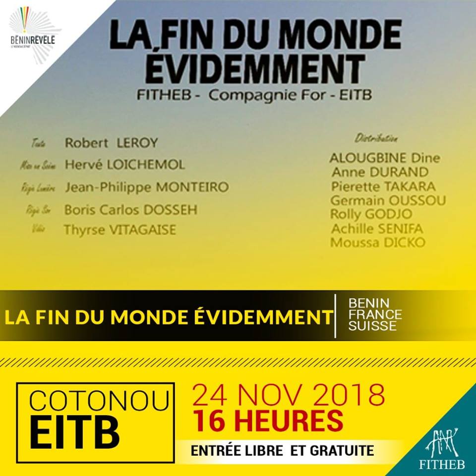 Programmation de la journée du 24 Novembre 2018. 
Terminus, tout le monde descend.
#Culture #Wasexo #Afrique #DigitalBenin #Benin, #FITHEB2018 #team229, #fitheb
<a href="/koboudeleon/">Léon Anjorin KOBOUDE</a> <a href="/ACTU_BENIN_INFO/">ACTU BENIN INFOS</a> <a href="/PresidenceBenin/">Présidence du Bénin</a> <a href="/gouvbenin/">Gouvernement du Bénin 🇧🇯</a>