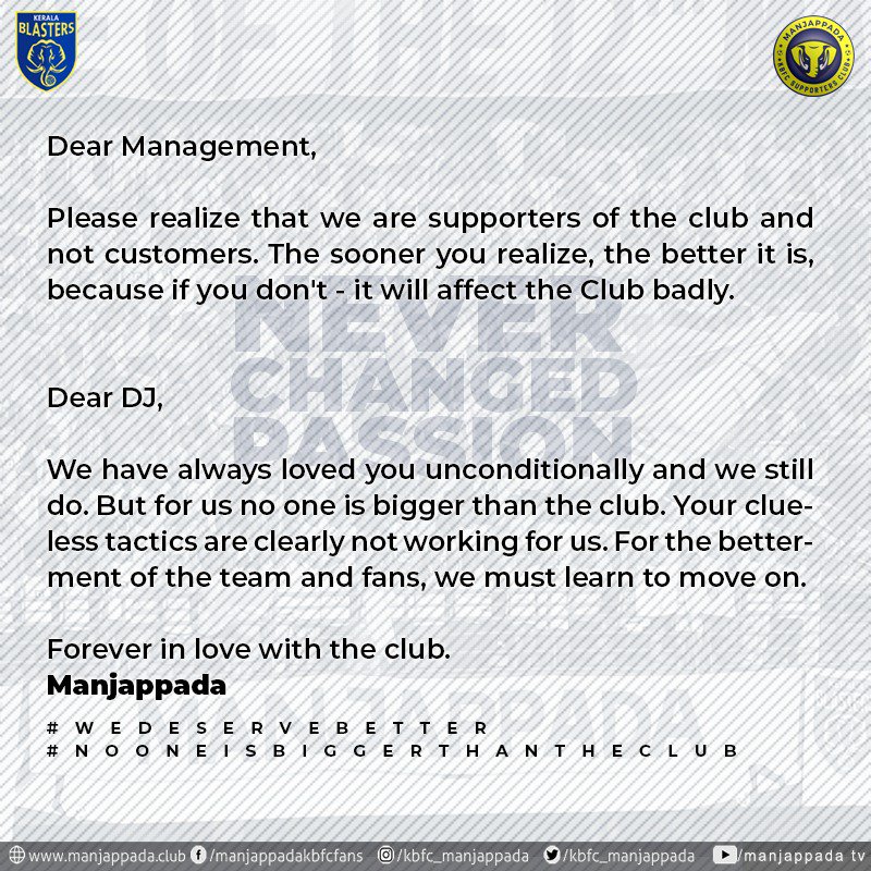 kbfc_manjappada's tweet photo. Its never too late to do the right thing. 
Manjappada will be always there as the Fans Voice

#നമ്മൾക്ക്നമ്മളുണ്ട്
#ഒരുമനമ്മുടെപെരുമ
#WeDeserveBetter #SupportersNotCustomers
#NoOneIsBiggerThanTheClub https://t.co/bvOdEwY37q