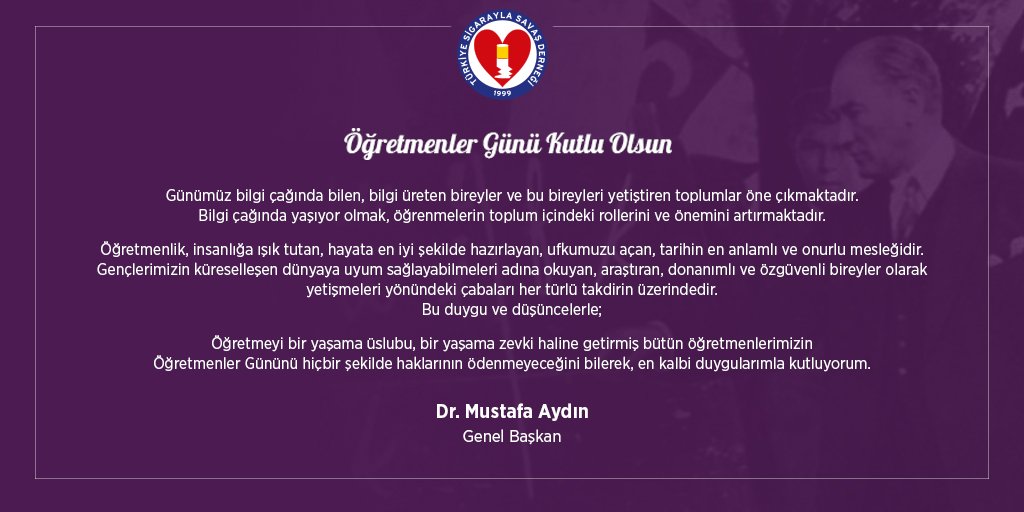 Öğretmeyi bir yaşama üslubu, bir yaşama zevki haline getirmiş bütün öğretmenlerimizin Öğretmenler Gününü hiçbir şekilde haklarının ödenmeyeceğini bilerek, en kalbi duygularımla kutluyorum.

#24KasımÖğretmenlerGünü
@SigaraylaSavas