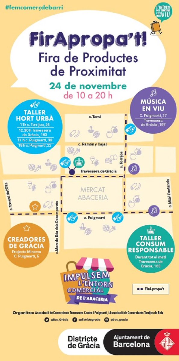 Bcn_Gracia's tweet photo. Avui, de 10 a 20 h, celebrem  Firapropa't, la fira del producte de proximitat, i impulsem l'entorn del Mercat de l'Abaceria  de #Gràcia. Hi haurà: 
✔️Música
✔️Taller de consum responsable
✔️Taller d'hort urbà 🍆🍆🍅🍅 
https://t.co/SBN1P5TzoS @BCN_Comerc @MercatsBCN https://t.co/UDogfFvNyc