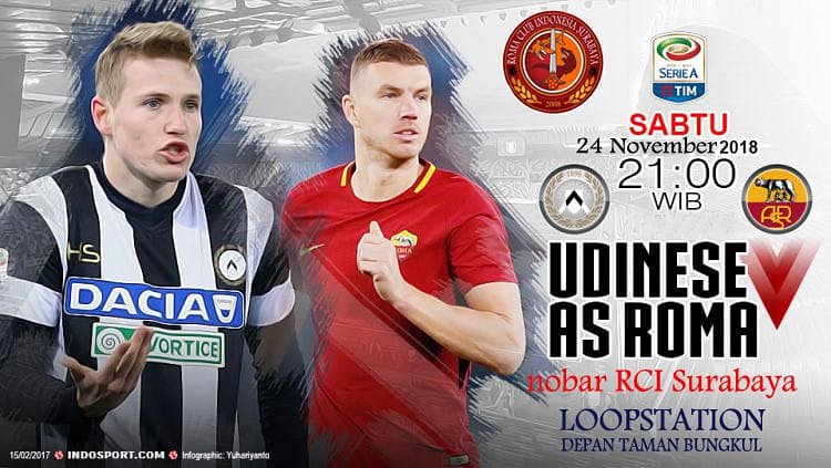 Nobar <a href="/RCI_Surabaya/">Romanisti Surabaya</a> 
Gionarta 13

Udinese vs As Roma
21:00 WIB
@loopstation_sby 

Cp: bang ucup 081333695032

Cc: <a href="/RomaIndonesia/">Roma Club Indonesia</a> <a href="/OfficialRoma_ID/">AS Roma Indonesia</a> <a href="/OfficialASRoma/">AS Roma</a>