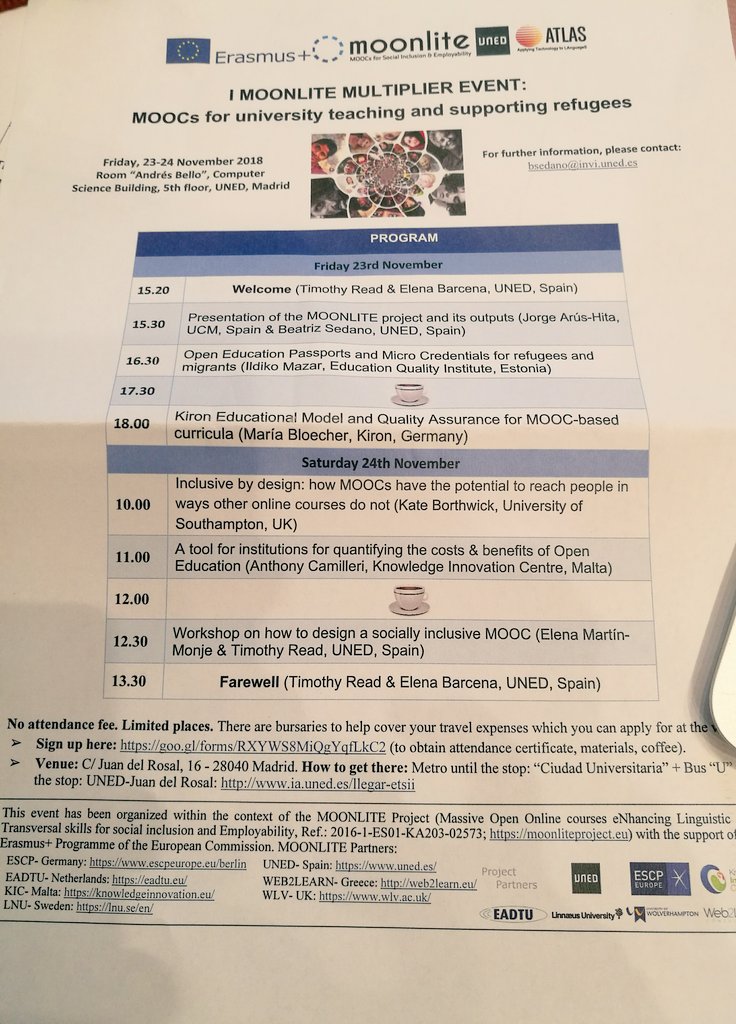 BeatrizSedanoC's tweet photo. 2nd day at I MOONLITE Multiplier Event: MOOCs for university teaching & supporting refugees https://t.co/0CkJ2pS3yW