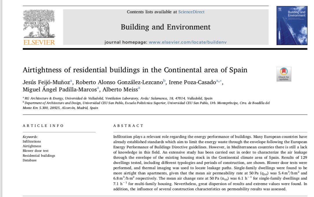 robertoglezcano's tweet photo. New paper” Airtightness of residential buildings in the Continental area of Spain”. Published in “Building and Environment”, #INFILES @ventlab @ETSAValladolid @EPSCEU @ELSenviron @Elsevier_Eng @irene_pzcsd Access it here: https://t.co/cg1f33uCOE https://t.co/V0VsziShpa