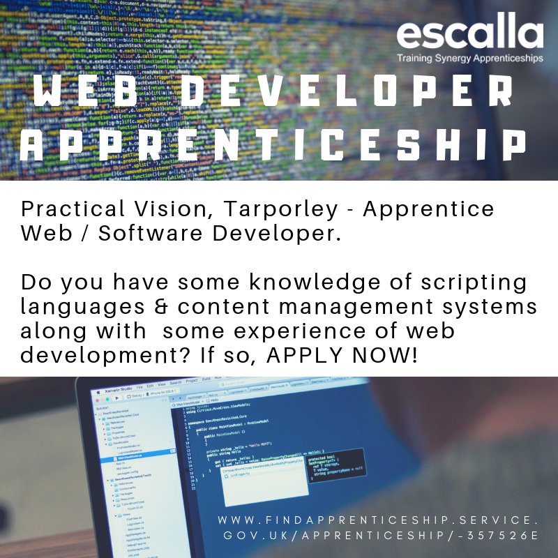 escallaship's tweet image. New apprenticeship vacancy with Practical Vision, apply now!
#enjoycoding #webdeveloperapprenticeship #escalla #digital #webdeveloper #softwaredeveloper #loveprogramming #escallaapprenticeships #Tarporley #Malpas #Nantwich #Winsford #Chester
ow.ly/sWFo30mIT2w