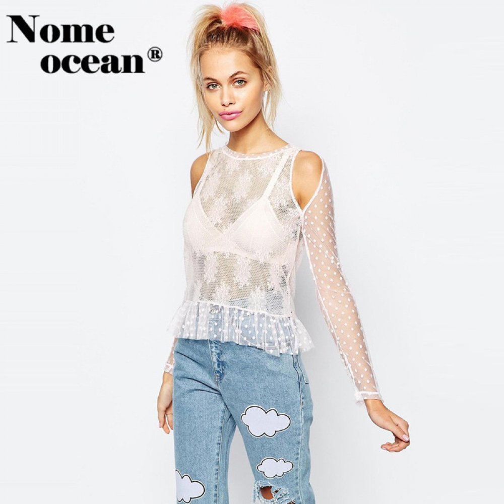 #hashtag1 Elegante Kant Shirts 2018 Zomer Een Stuk Transparant Peplum Blouses Ruche Sweep Uit Schouder Lange Shirt Sexy M16011111