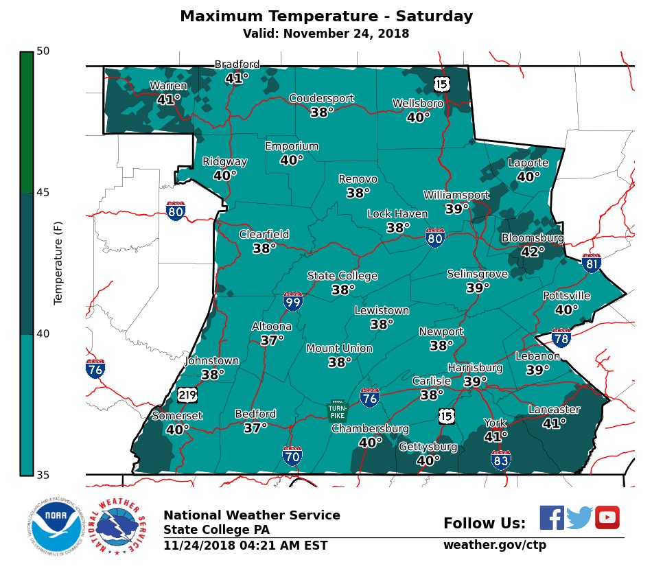 NWSStateCollege's tweet photo. 11/24/2018: Minor adjustments to timing of the incoming precipitation. Freezing rain still expected this morning along a frontal boundary, from the NW to SE. Expect a switch to Rain early this afternoon. Max temps will be in the upper 30s to low 40s. https://t.co/95hXHha2D2
