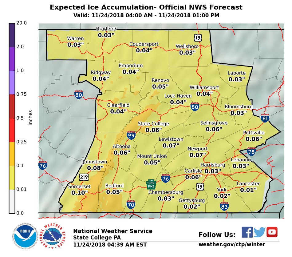 NWSStateCollege's tweet photo. 11/24/2018: Minor adjustments to timing of the incoming precipitation. Freezing rain still expected this morning along a frontal boundary, from the NW to SE. Expect a switch to Rain early this afternoon. Max temps will be in the upper 30s to low 40s. https://t.co/95hXHha2D2