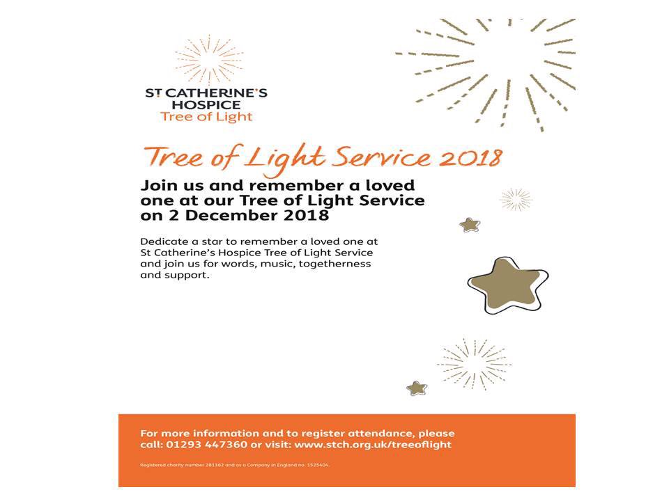 Join us for The Tree of Light Service on 2nd December at 4pm. @CrawleyURCEvent 🎄🎄🎄⭐️🌟@StCHospice #Crawley #Sussex #rememberingourlovedones #treeoflightservice #Christmas2018