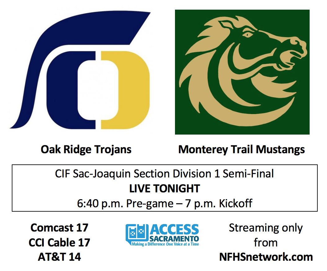 SacGOTW's tweet image. Live streaming 7pm tonight on @NFHSNetworkWest and on @accesssac cable 17 in Sac County. @OakRidgeTrojans @MontereyTrailHS @SacBee_JoeD