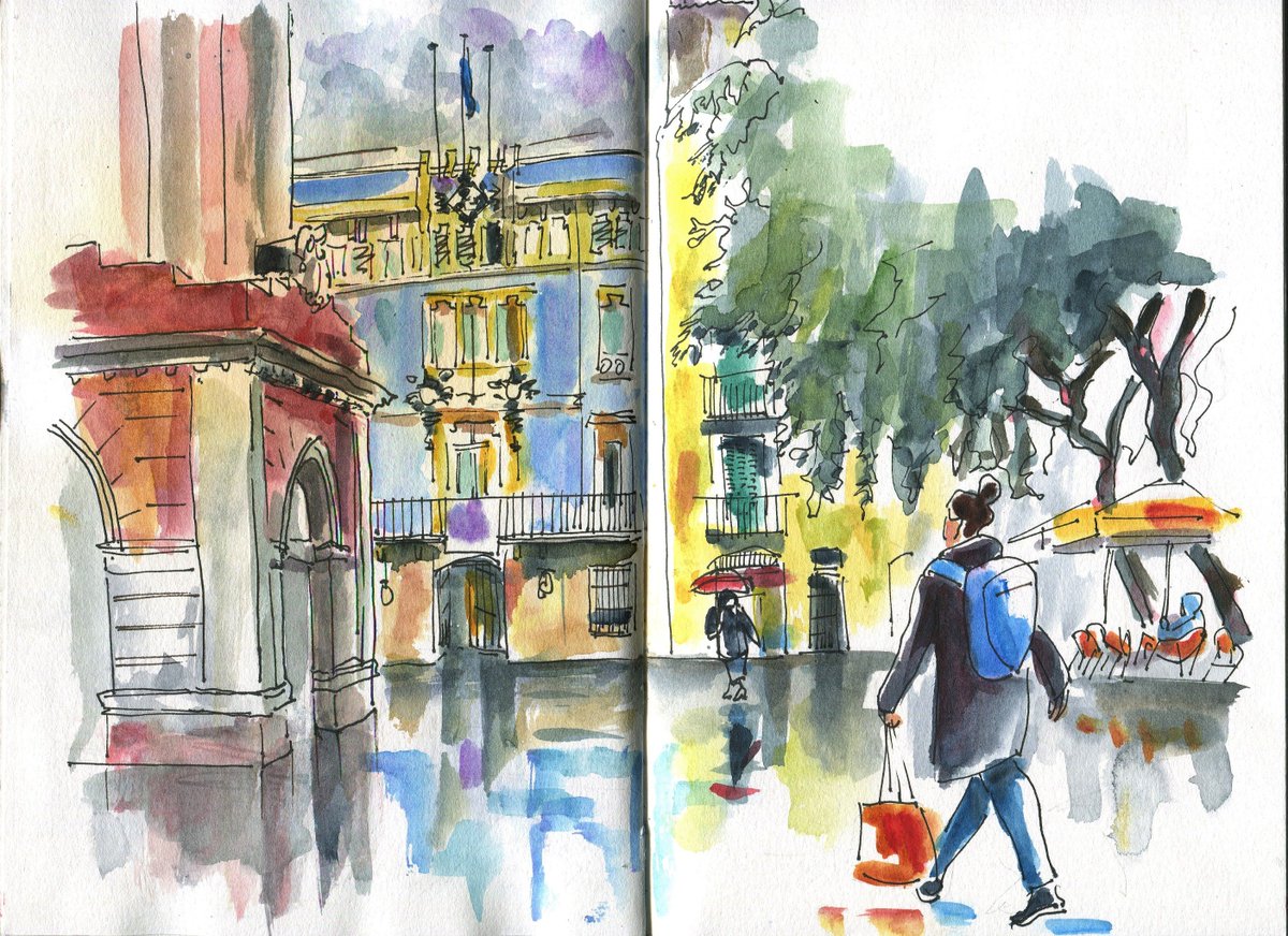 MunozFrancesc's tweet photo. Plaça de la vila de Gràcia. @InkyfingersBCN @urbansketchers #drawing #rainyday #sketchbook #travelsketch #Barcelona #Gracia https://t.co/o1gA7b1EYb