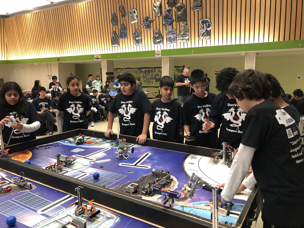 DonValleyMS's tweet photo. The DV Dragon Bots are hard at work practising their robot missions in preparation for the competition this afternoon! #TDSBFLL #DVMS #TDSB #IntoOrbit2018 @TDSB_Robotics https://t.co/8tyK3dEwPj