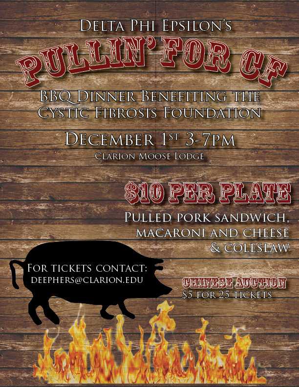 pennwclarion's tweet photo. Join @DPHIEclarion next Saturday, December 1st from 3-7PM as they host Pullin for CF. There will be a BBQ Dinner and Chinese Auction to benefit the Cystic Fibrosis Foundation. The event is being held at the Clarion Moose Lodge. Tickets are $10 per person. https://t.co/x2MnlzJSaq