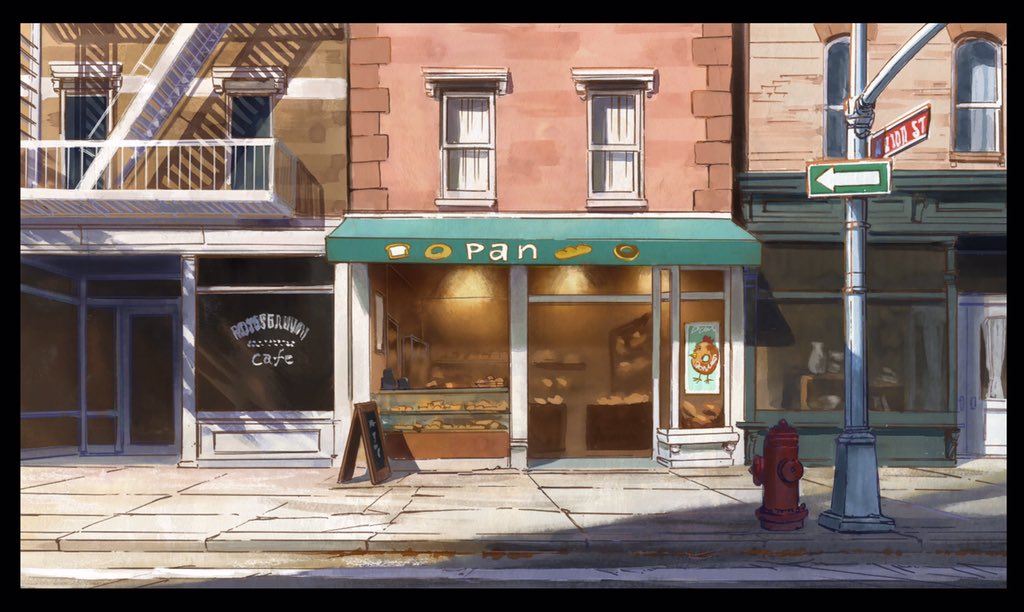 Yoshioka Seiko Twitter ನಲ ಲ Nyのパン屋さんひっきりなしに人が入って行く 人気店 なんだろうなあ ムギマキのようなあったかいオレンジのの光がきれいだった このお店はacca の背景画集の最後のページのイラストに描きました これてよかった Acca Anime