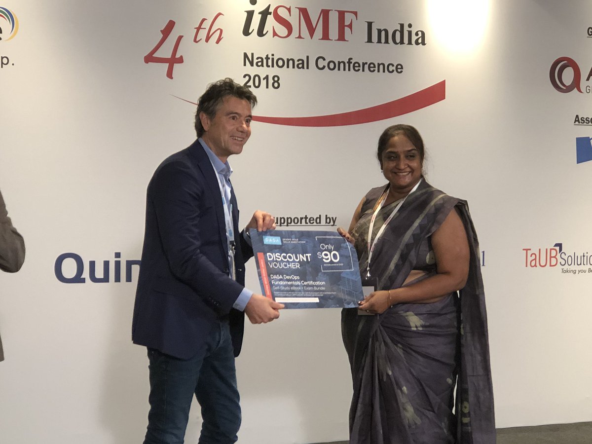 itSMFIndia's tweet photo. Thanks to @dasa_org and @dimitribroek for your valuable support #itsmfind18 - Attendees received valuable vouchers for continuous learning and development #goDasa #devops https://t.co/zHWsJqMiCJ