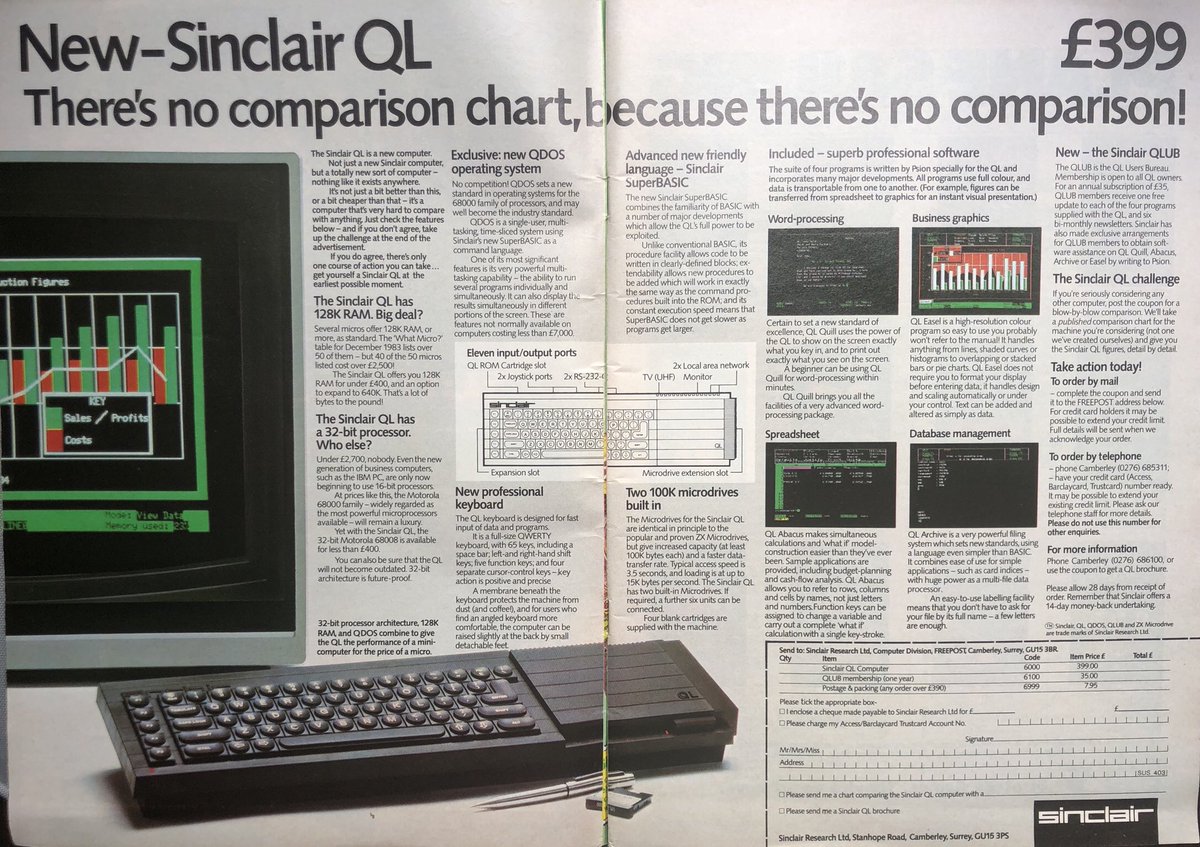 SWRetroComp's tweet image. A very detailed advert for the #Sinclair #QL from 1984. “Get yourself a Sinclair QL at the earliest possible moment ... please allow 28 days” (infamous last words!) #SinclairQL #RetroComputing #ComputerHistory #NoCompetition 😀