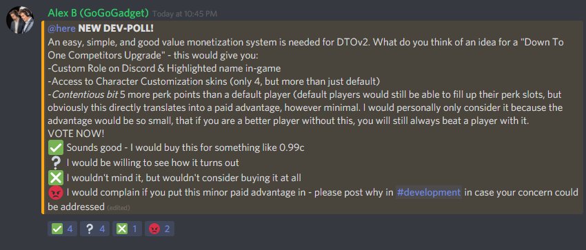 DownToOneGame's tweet photo. There's a new dev-poll up in our discord concerning #DTOv2's monetisation!
Vote now at https://t.co/MqBWAaPClo https://t.co/rKBwwRXNUe