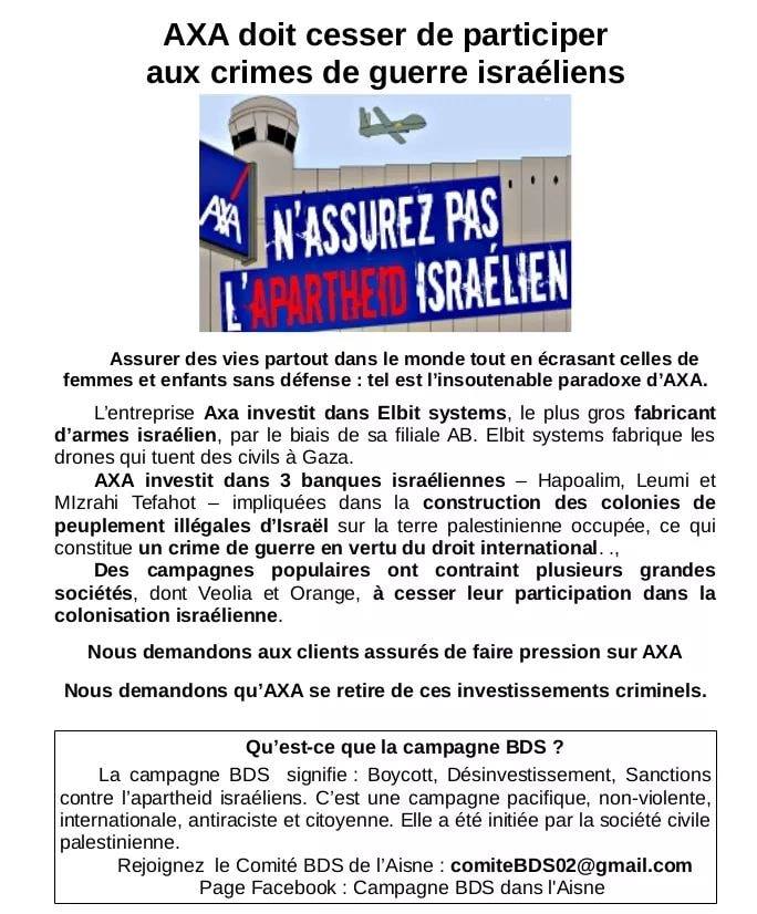 Campagnebds's tweet image. Le Comité BDS de l&apos;Aisne a mené, ce matin à Soissons, sa première action ciblant 3 agences @AXA, entreprise complice de l&apos;apartheid israélien.
#AXAcomplicity #EmbargoContreIsraël