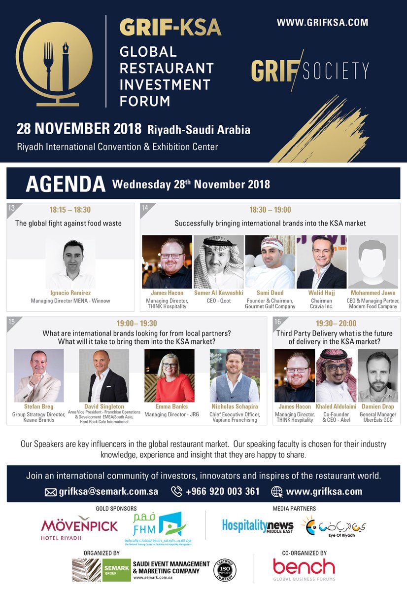 saudihoreca's tweet image. Agenda of #GRIF_KSA organized by #SEMARK , will be co-located with  
@Saudihoreca on 28 November 2018 @ricec_sa