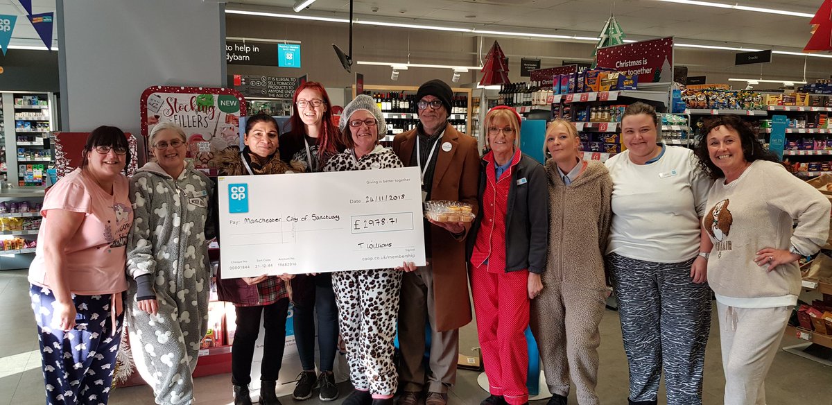 Team in LadyBarn celebrating with one of their local causes @manchesterCos and raising money for @Pyjamapartyliv