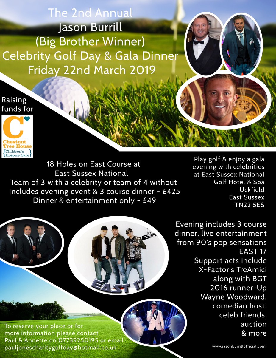Is #GOLF your thing? Then check out the 2nd annual <a href="/JasonBurrill/">Jason Burrill</a> #Celebrity Golf Day &amp; #Gala evening - All #Fundraising for <a href="/ChestnutSussex/">Chestnut Tree House</a> - #CelebFC , <a href="/wwoodwardmusic/">Wayne Woodward</a> <a href="/TreAmici/">TRE AMICI OFFICIAL</a> &amp; <a href="/East17official/">East 17 Official</a> are there - ARE YOU? facebook.com/events/3577577…