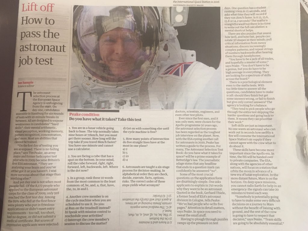 centurybooksuk's tweet photo. Today’s first page in the @guardian 🚀 @iansample @astro_timpeake #AstronautSelectionTestBook https://t.co/4cwaycbN7d