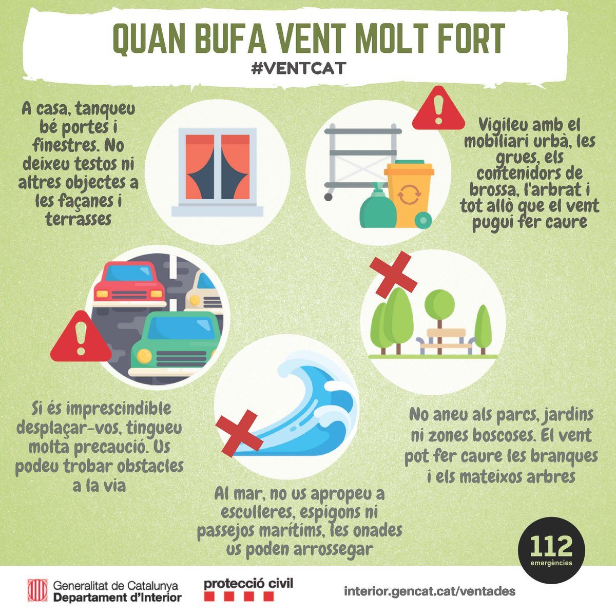 emergenciescat's tweet photo. Amb previsió de vent fort demà, extremeu les precaucions en els desplaçaments i eviteu anar a parcs i zones amb arbres #ProteccioCivil #VENTCAT https://t.co/70zaQ3Fo4B