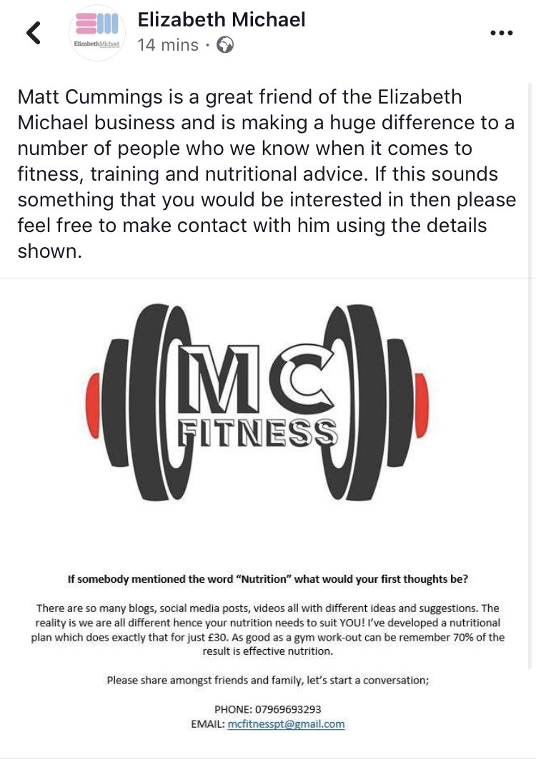 MCFitOfficial's tweet photo. Big thanks to @EMAssoc for sharing my brand! My aim is to help as many people as possible with their nutrition and training. Enabling them to live a healthier and more active lifestyle. 

#nutrition #personaltrainer #mansfield #elizabethmichael https://t.co/mzCuq4ghzy
