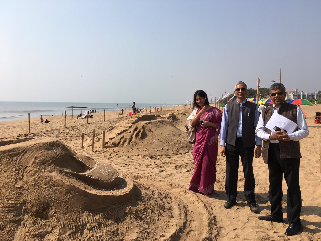 Great to see the excellent sand art work of our ZSBPs (SBM young professionals) on <a href="/swachhbharat/">Swachh Bharat Mission - Grameen</a> related themes at the Puri beach. Here with Akshay Rout and Roopa Mishra this morning.