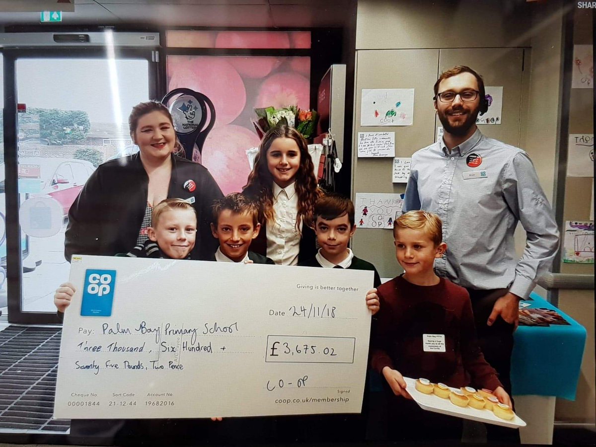 Danielle and Brad at Cliftonville Store with pupils from Palm Bay Primary School. £3675.02 was raised for their school PTFA by Co-op members who have been shopping in the Cliftonville- Summerfield road store. Thank you so much Members. #TheCoopWay