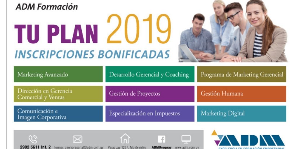 ADMUruguay's tweet photo. #Despegate e invierte en tu crecimiento profesional! #ADMFormaciónProfesional te ofrece cursos, diplomas y talleres. Consulta por nuestro Plan 2019 y los precios bonificados. Consultas a través de https://t.co/r6Mps5oCaa #MarketingDIgital #MarketingGerencial #GestiónHumana https://t.co/iIM3dzV4eP