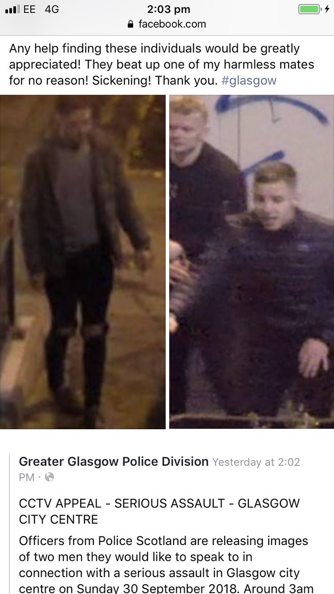 maxevans13's tweet photo. PLEASE HELP #Glasgow 

If you recognise these individuals please contact the 

@GreaterGlasgPol 

They beat up my harmless mate for no reason! Sickening! 

#justice https://t.co/YqqHBcKayW