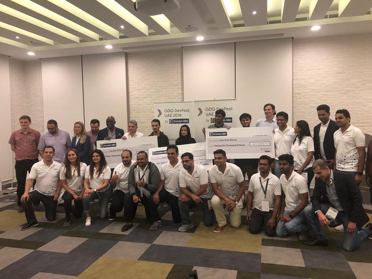 EmiratesNBD_AE's tweet photo. #DevFestUAE 2018 concluded with three top winning teams! 1st prize goes to Team Speak AI, 2nd prize to Team Omar, and 3rd prize to Team Fermion! Congrats to all the winners! https://t.co/Z3Qr4KkQWF
