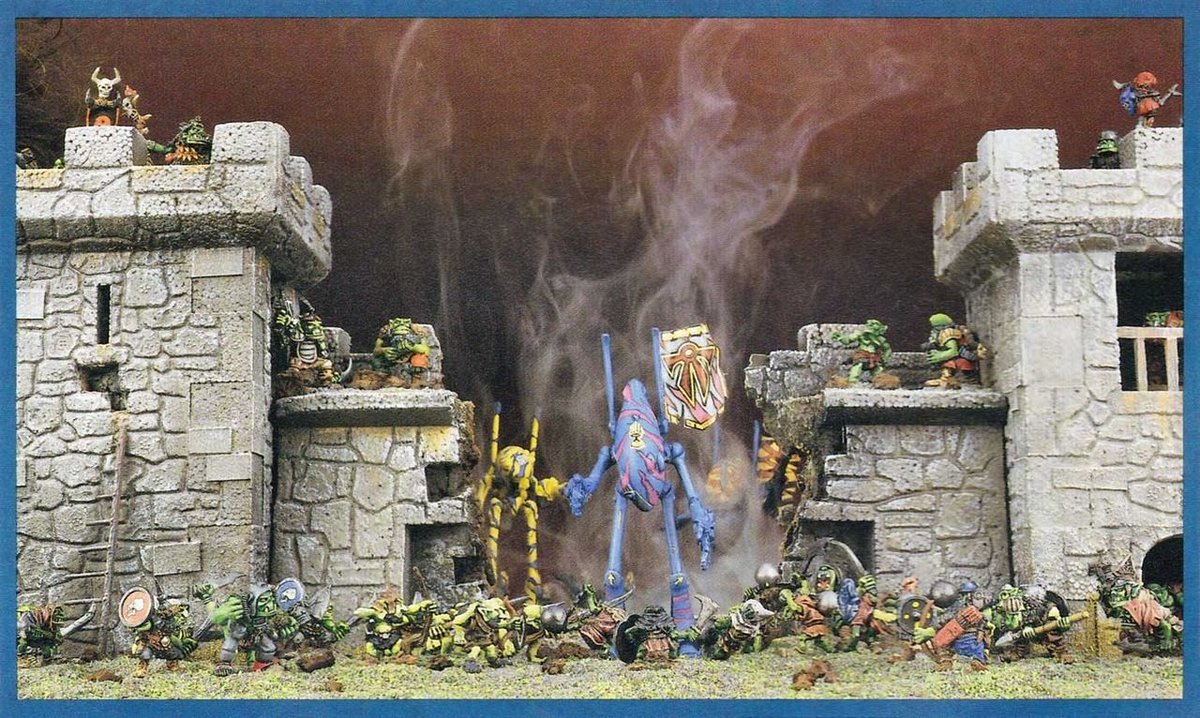 Eldar dreadnoughts surprise a band of orcs in their castle, as 