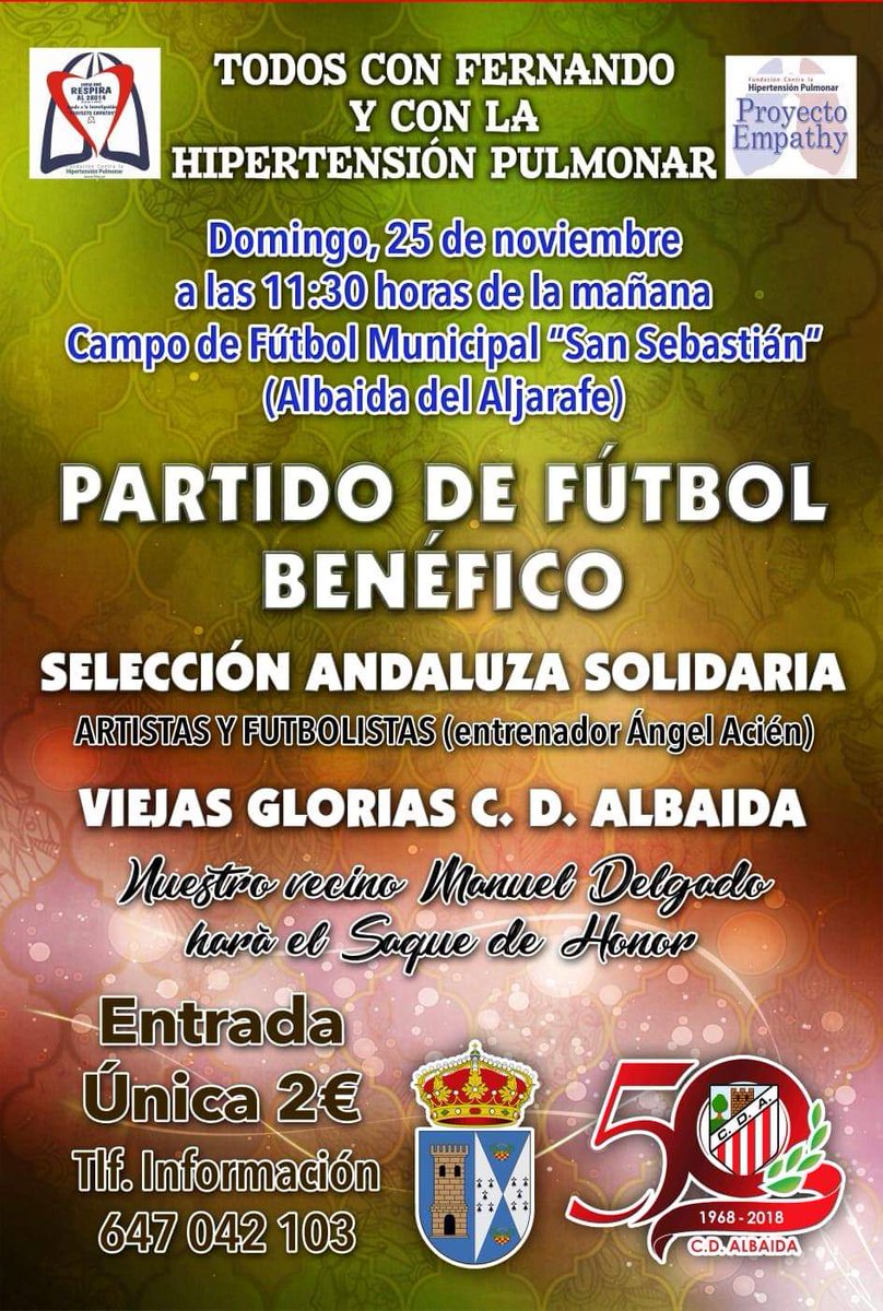 fundacionhp's tweet photo. Os recordamos que mañana a las 12:00 tenemos un partido solidario en el Campo de Fútbol Municipal "San Sebastián" Albaida del Aljarafe (Sevilla). La recaudación irá destinada al #PROYECTOEMPATHY. Os esperamos!! @aytoalbaida @CAlbaida https://t.co/cg67IweAOx