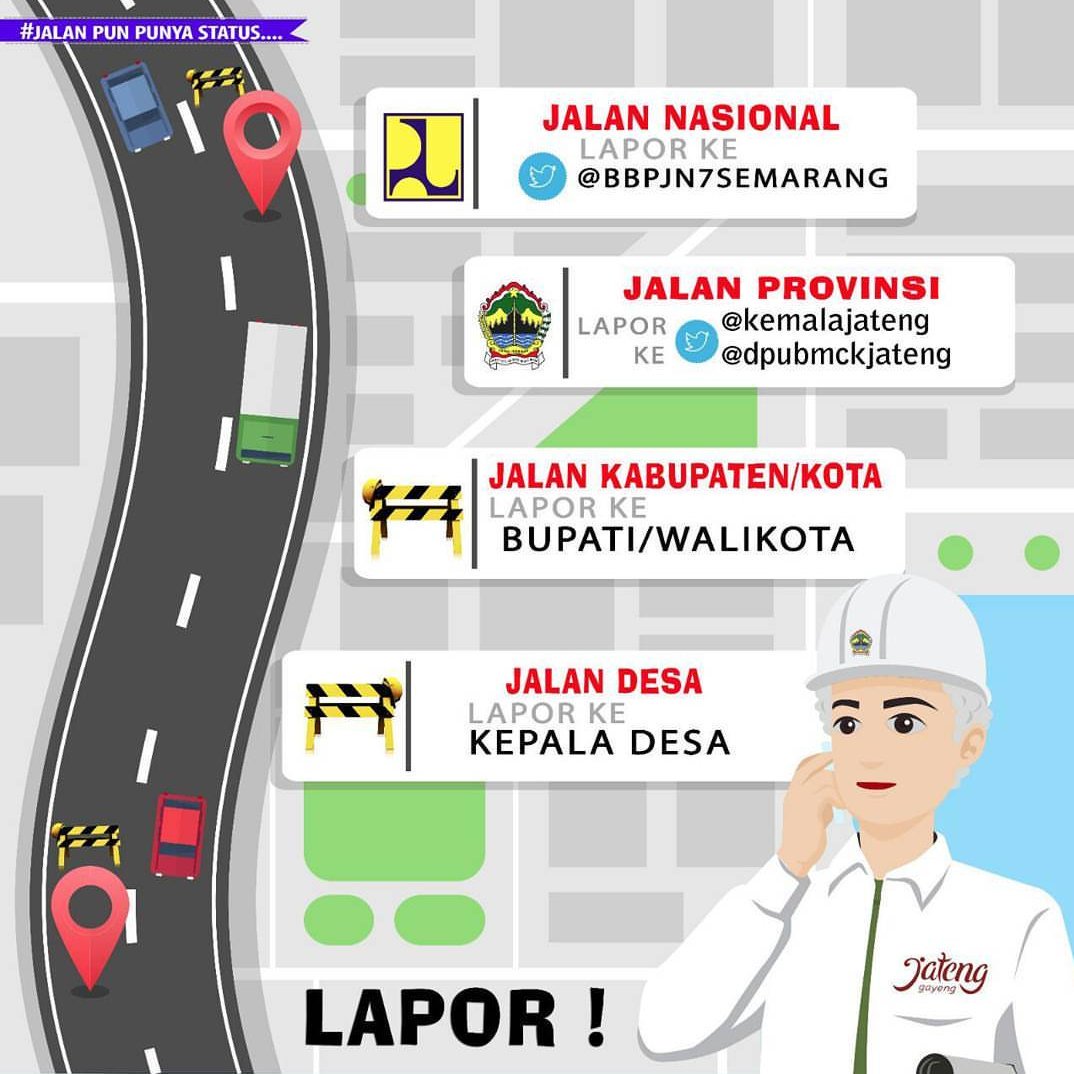 Ora mung koe sing berstatus pacaran utawa jomblo
Dalan kuwi yo duwe status
Laporno dalan rusak sing mbok ngerteni, sesuai statuse
Status Jalan Nasional ke @infobbpjn7 
Status Jalan Provinsi ke <a href="/dpubmckjateng/">DPU BMCK-Jateng #JalanCantik</a> 
Status Jalan Kabupaten ke <a href="/dpupr_blorakab/">DPUPR Kab. Blora</a> 
Status Jalan Desa ke Kades