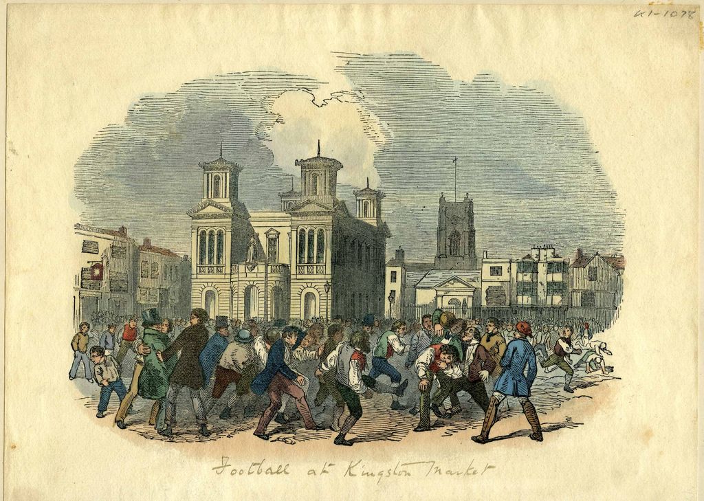 Beautiful colour drawing of a mass football match at #Kingston market dating from around 1847 #ExploreArchives #SportingArchives