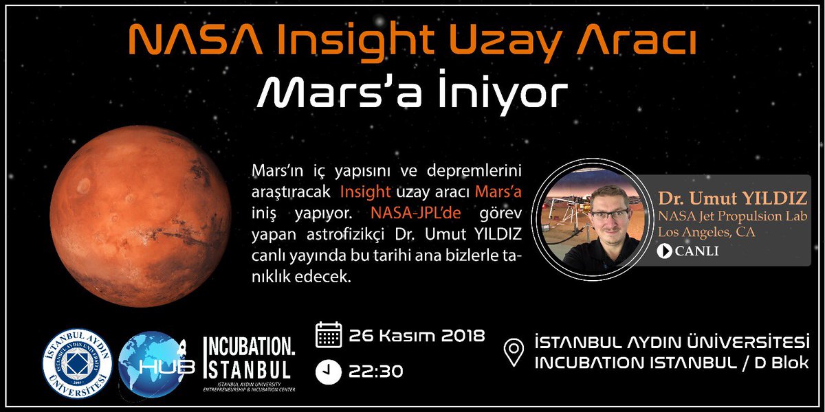 iauhubk's tweet photo. Mars’ın iç yapısını araştıracak olan NASA’ya ait uzay aracı ‘InSight’ planlanan iniş tarihi olan 26 Kasım 2018 Pazartesi Mars’a iniş yapıyor. InSight’ın Mars’a inişine tanıklık etmek için herkesi Incubation İstanbul’a bekleriz. @umutayildiz 
Katılım için👉 https://t.co/QRAVN0UBZM https://t.co/4SoHCG6iiq