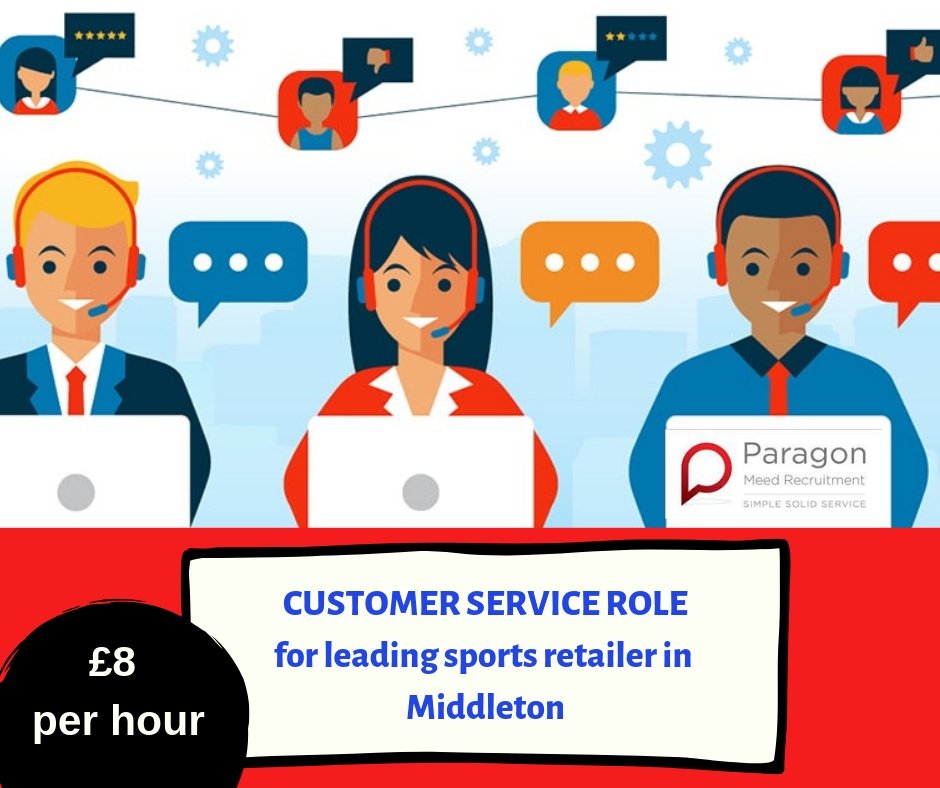 MeedParagon's tweet photo. ⭐ CUSTOMER SERVICE ROLES ⭐

A leading sports clothing retailer is looking to fill Customer Service positions in Middleton! 😁

💰 £8 per hour with various shifts available ⏰

Email charlotte@paragonmeed.co.uk to apply! 👍

#SaturdayMotivation #recruitment #Middleton #Jobsearch https://t.co/gCEB1a9Oes