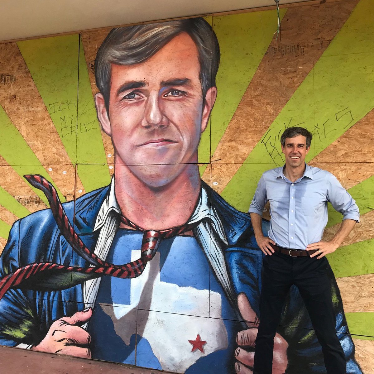 Last month I painted #Beto hoping for the best in the #Midterms2018 but it didn't help :( still hoping for #BetoForPresident2020 mural was a collaboration with Melissa Eason from Houston who did the lettering and background