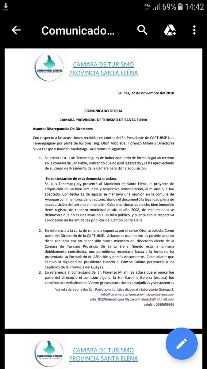Comunicado de la camara de turismo ,Provincia de Santa Elena.
